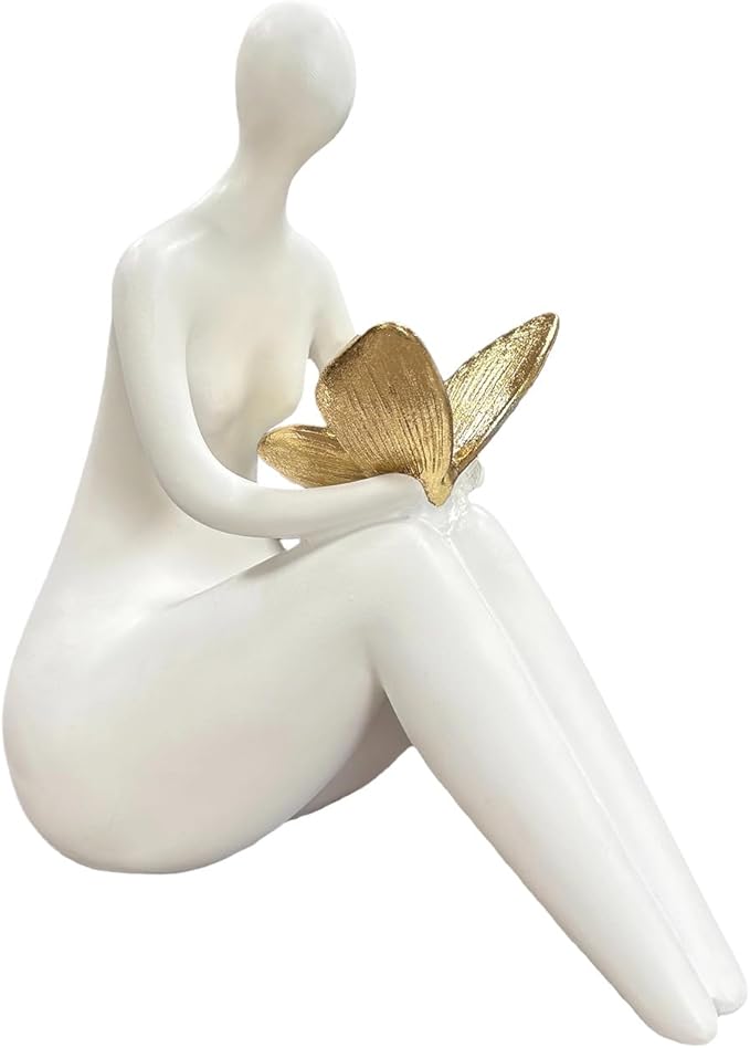 White Abstract Sitting Figurine with Gold Butterfly – Modern Shelf Sitter Sculpture for Home Decor, Minimalist Statue, Elegant Desk Ornament for Living Room, Office & Bookshelf Decoration