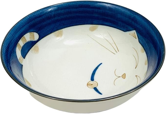 JapanBargain Set of 2 Japanese Porcelain Bowls, Large 7.5 Inch Ramen Udon Noodle Rice Soup Pho Poke Cereal Bowl, Maneki Neko Smiling Lucky Cat Pattern, Blue, Made in Japan