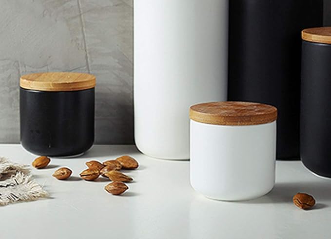 Ceramic Pure Color Sugar Bowl Spice Jar Storage Pot with Wooden Lid