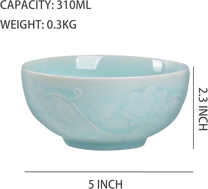 5-Inch Celadon Rice Bowl, Set of 2 - Round Ceramic Bowls for Soup, Stews, Holiday Meals - Classic Holiday Tableware - Durable, Dishwasher, Microwave, Freezer Safe