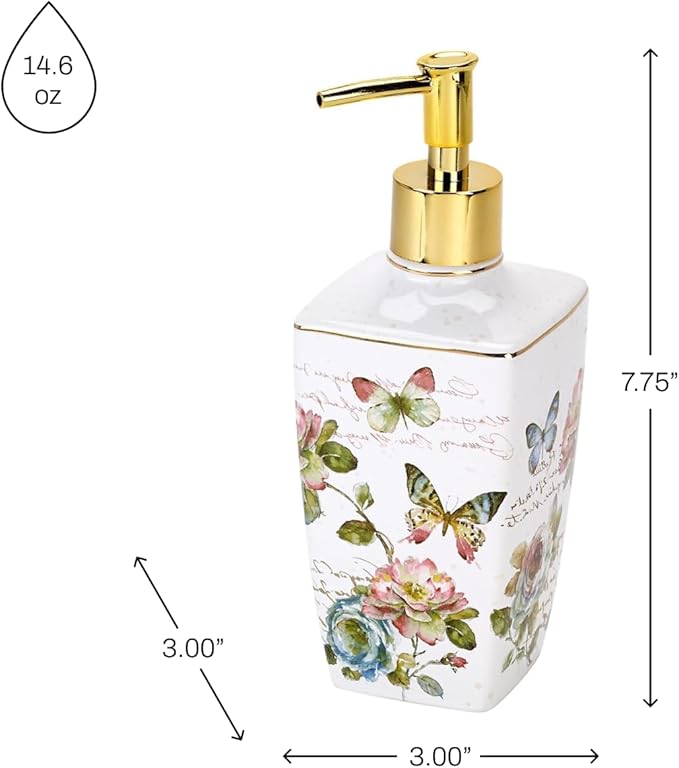 Avanti Linens - Lotion Pump/Soap Dispenser, Ceramic Countertop Accessories, Artistic Home Decor (Butterfly Garden Collection)