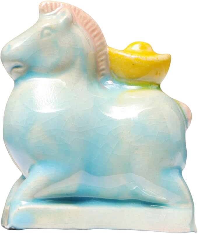 Chinese Style Sculpture Ceramic Statue of A Fat Horse with Ingots On Its Back, Desktop Ornament, Sky Blue
