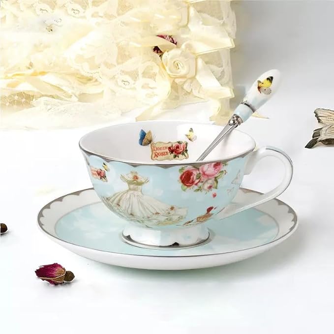 Vintage Ceramic Teacup, Elegant Coffee Cup with Spoon and Saucer Set,Royal Bone China Tea Cups (Wedding)