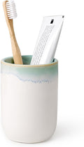 BosilunLife Ceramic Toothbrush Holder - 12oz Bathroom Toothbrush Holder Tooth Brush Holders Tumbler Cups Reusable Toothbrush Mouthwash Cup Small Toothbrush and Toothpaste Holder, White with Blue-Green