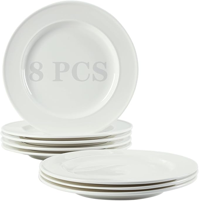 TAMAYKIM 10 Inch Porcelain Salad Dinner Plates 8 Pieces, Wide Rim Round Pasta Plates, Large Serving Dinnerware Sets, Scratch Resistant, Microwave, Oven, and Dishwasher Safe, White
