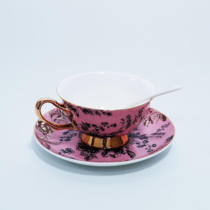 Bone China Tea Cup and Saucer Set with Spoon，Elegant Floral Tea Cup Set (7 oz)，British Coffee Latte Mug for Birthday Party Christmas gift for Friends
