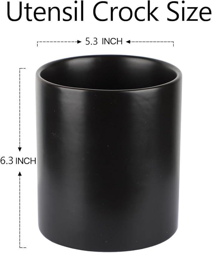 Kitchen Utensil Holder, Large Utensil Holders for Countertop,Ceramic Utensil Crock, Deep and Stable, Cooking Utensil Holder, Embossed Pattern (Black) 6.3''*5.3‘’