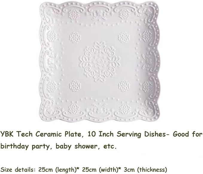 Eplze YBK Tech Elegant Square Embossed Lace Plate Bone China Dessert Plate Ceramic Plate for Breakfast Afternoon Tea (White, 10-inch)