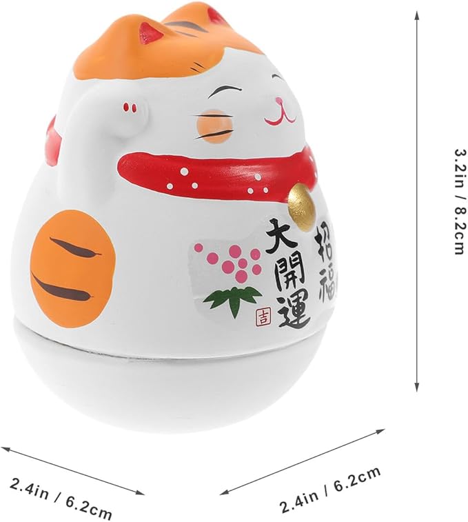 Uonlytech Ceramic Maneki Neko Figurine White Lucky Cat Tumbler Ornament with Orange Ears Small Desktop Decor Auspicious Japanese Home Accent