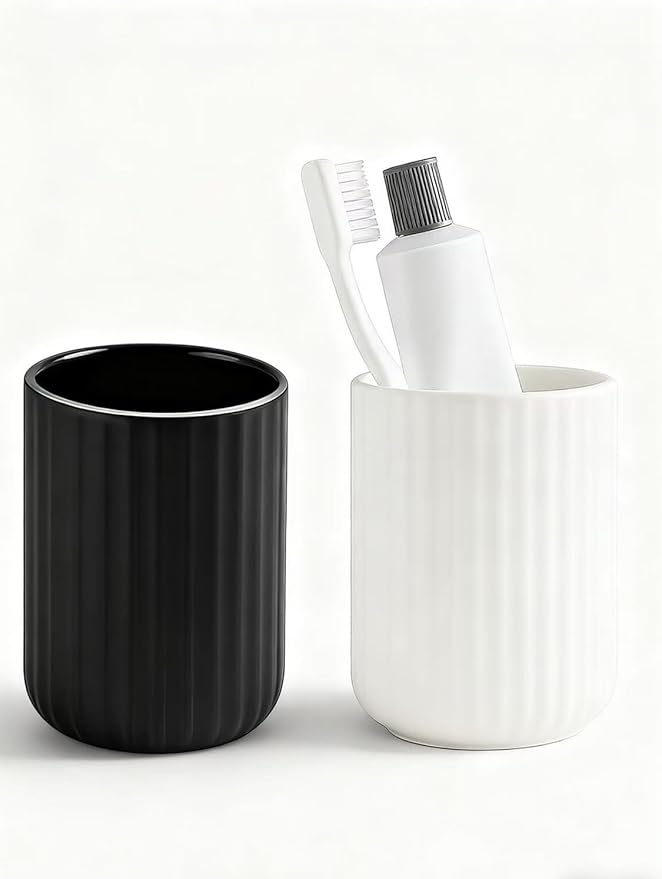 White Ceramic Toothbrush Holder Cup – 13.5oz Bathroom Tumbler with Vertical Stripe Texture, Toothbrush or Makeup Brush Holder