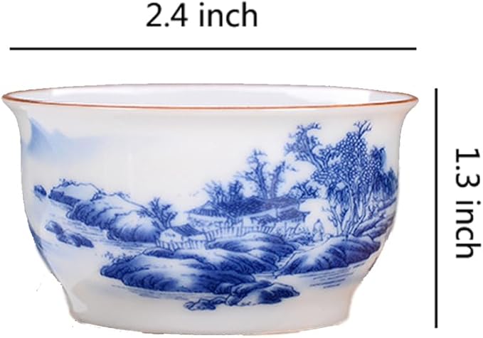 Chinese Handmade Kungfu Tea Cup 60 ml,Bone China Blue and White Tea Cups Set of 12,Ceramic Tea Mugs Without Handles,Best Gift（Landscapes）