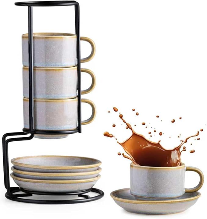 Gomakren 2.5 Ounce Espresso Cups Set of 4, Small Stackable Coffee Cups with Saucers and Metal Stand, Valentine Porcelain Demitasse Cups for Specialty Coffee Drinks, Espresso, Cappuccino, Latte, Gray