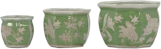 Galt International Green & White Floral Porcelain Ceramic Decorative Flower Pot 8"/6"/4.5" Garden Pots Chinese Asian Design - Set of 3 Green Fluted