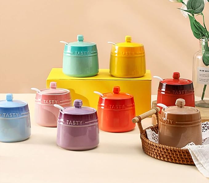 Colourful Ceramic Spice Jar Seasoning Box Condiment Pot Sugar Bowl with Lid Spoon-Green