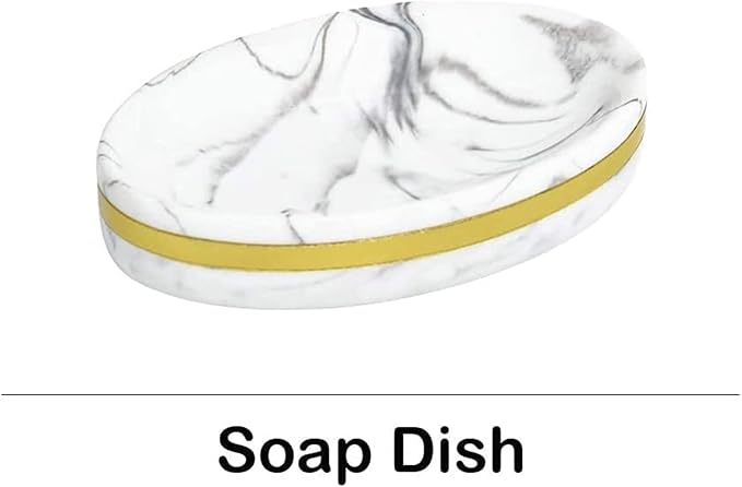 5-Piece Bathroom Counter Top Accessory Set - Dispenser for Liquid Soap or Lotion, Soap Dish, 2 Tumblers and Toothbrush Holder, Marble Pattern Resin (Classic White)
