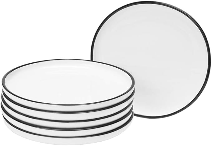 BonNoces 6-inch Small Porcelain Appetizer Plates, White with Black Edges Dinner Side Dishes Serving Plate, Dessert, Salad, Snacks Plate, Set of 6