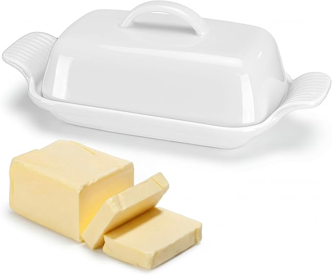 Qinyoung Ceramic Butter Dish with Lid for Countertop Extra Large Elegant Butter Dish Tray with Handle Durable Heavyweight Glazed Ceramic Kitchen Container Keeper Non-slip Base Minimalist(White)