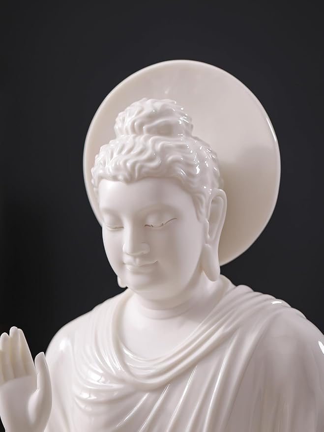 Houlu 12.8 Inch White Buddha Statue for Home Decor, Meditating Buddha Statue with Halo, Ceramic Buddha Statues Indoor/Outdoor for Meditation and Spiritual Décor