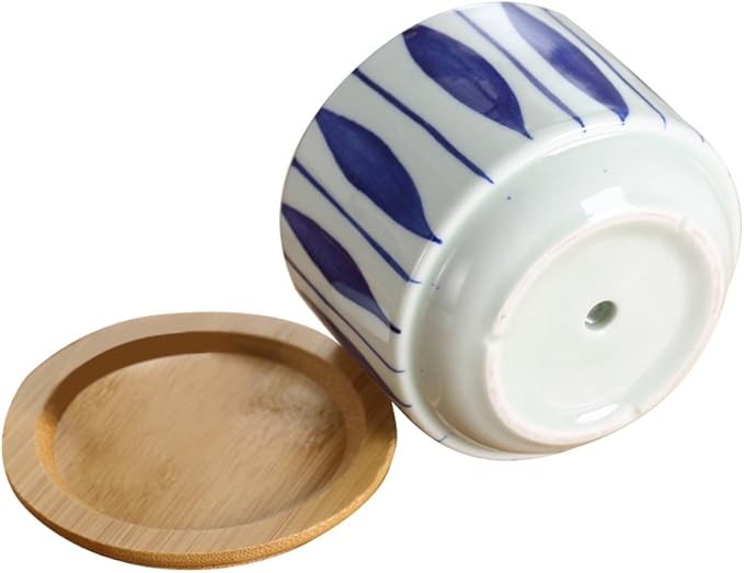 GeLive 3 Inch Ceramic Succulent Planter, Cactus Plant Pot, Flower Container with Bamboo Drip Tray, Indoor Outdoor, Set of 2 (Wave and Blue Flower)