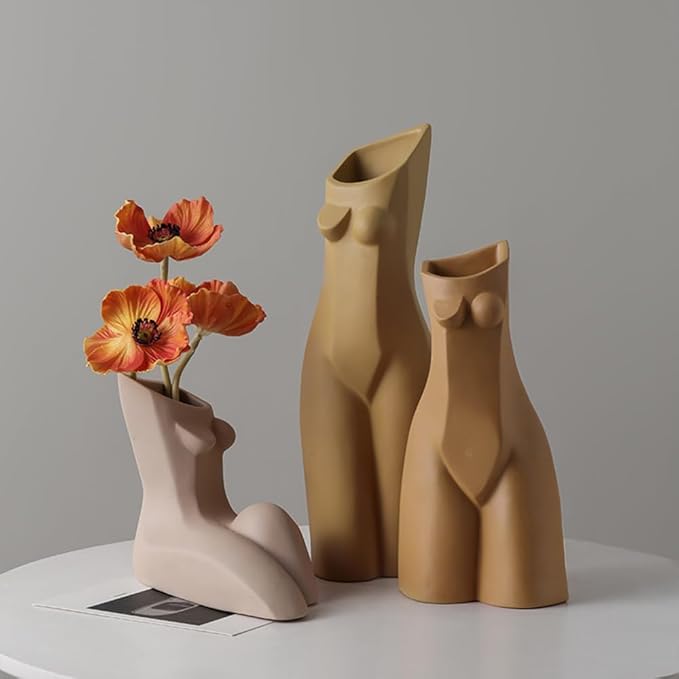 Modern Ceramic Decorative vase Human Body Shape Creative vase Jingdezhen Famous kiln Stucco Clay vase Suitable for Home Decoration Dining Table Living Room Shelf Decoration (Brown)