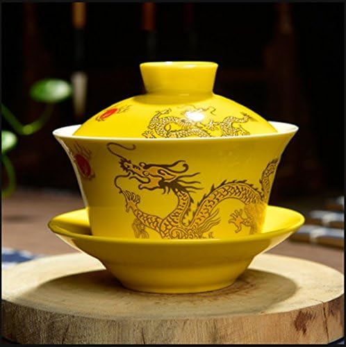 Porcelain Kung Fu Tea Cup and Saucer with Lid, Chinese Traditional Gaiwan Sancai Tea Bowl Tea Set Dragon Pattern (Yellow)