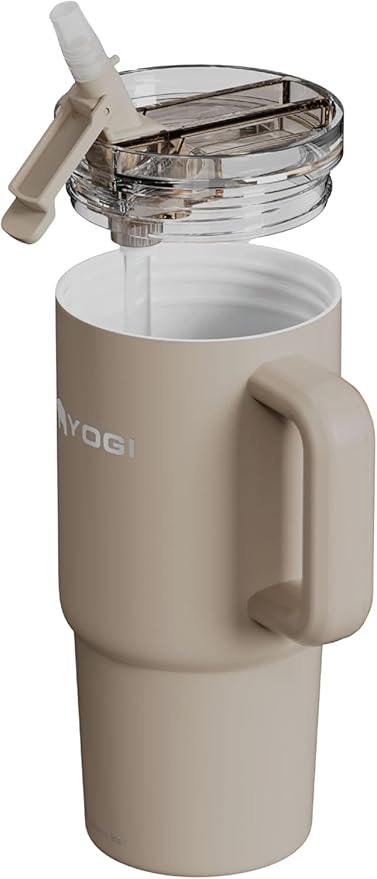 YOGI Ceramic Lined Metal Allergy Safe 24oz Tumbler with Handle and Straw Leakproof Flip & Sip Lid Vacuum Insulated Stainless Steel Travel Cup for Iced Coffee Water and All-Day Hydration 24oz Driftwood