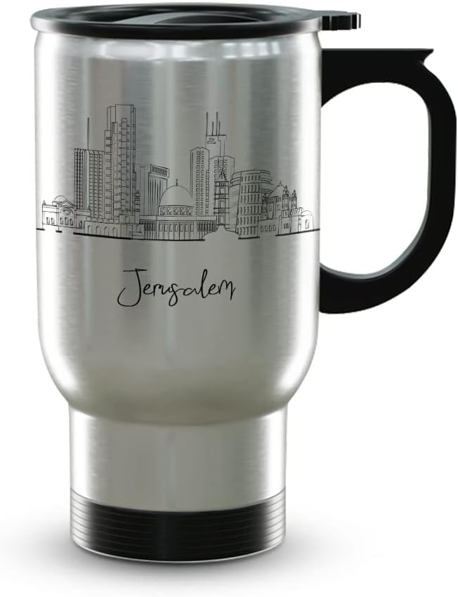 Jerusalem Skyline Steel Mug, Asia Skyline 14oz Travel Mug with Handle & Lid Custom Travel Tumblers, Gift For Birthday, Spill Resistant Tumblers for Women, Personalized Tumbler