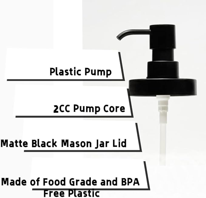 Mason Jar Liquid Soap Dispenser Lids and Pump, Modern Farmhouse Decor for Kitchen Sink& Bathroom, Liquid Soap Pumps for Hand Soap, Dish Soap, Lotions(Black Matte, 2 Pack)