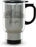 Bangkok Skyline Steel Mug, Asia Skyline 14oz Travel Mug with Handle & Lid Custom Travel Tumblers, Gift For Birthday, Spill Resistant Tumblers for Women, Personalized Tumbler