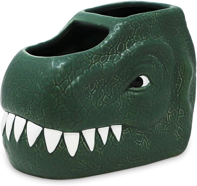 Isaac Jacobs Green Ceramic Dinosaur Dual Compartment Toothbrush Holder, Multi-Purpose Organizer, for Toiletries, Bathroom, Kitchen, Crafts, Desk, Novelty Bathroom Accessory (2-Section Cup, Green)
