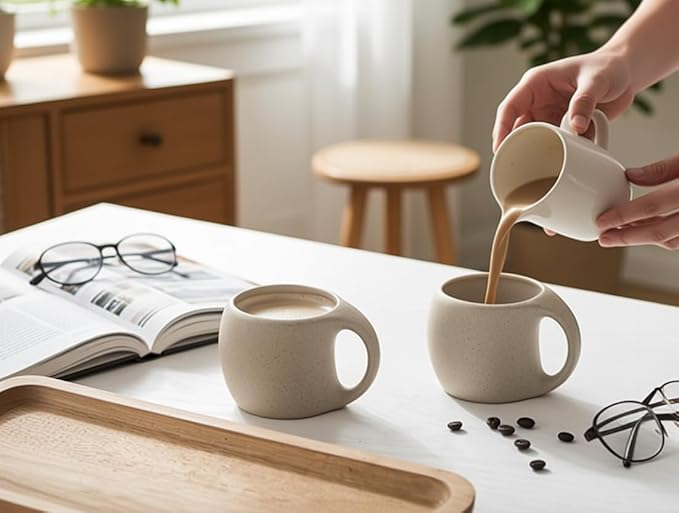 Ceramic Cappuccino Cups with Handle,6 oz Ceramic Coffee Mug Set of 4,Clay Espresso Cup for Double Shots,Small Coffee Cups for Latte,Cafe,Mocha,Tea Cups (Natural Beige,6 OZ)