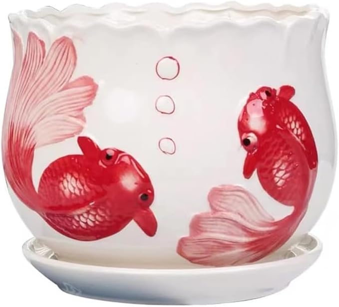 Ceramic Home/Garden Modern Flower Planter Pot with Saucer/Tray - Outside Red Fish Design,Meaning More Than Enough Year After Year