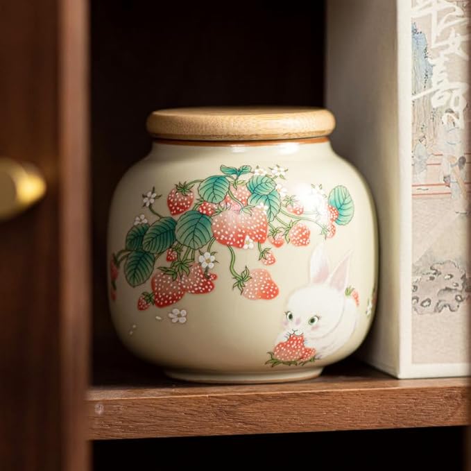 9oz Small Ceramic Tea Canister with Airtight Lid - Adorable Animal Design Storage Jar for Loose Leaf Tea, Coffee, Sugar, Cookies - Decorative Kitchen & Pantry Organizer (Bunny-A)