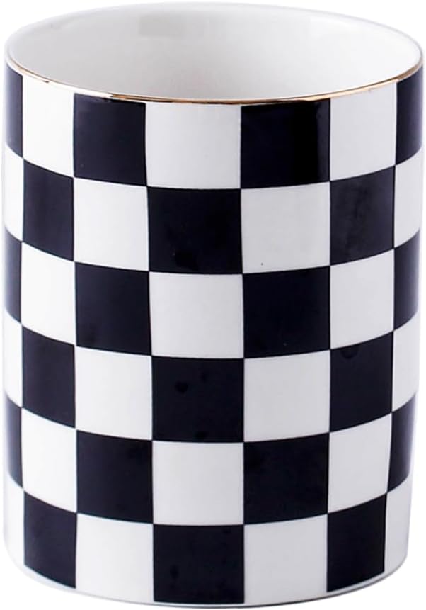 Ceramic Toothbrush Holder Toothpaste Holders, Cute Bathroom Tumbler Cups Reusable,Checkered Bathroom Counter Decor Organizer, Makeup Brush Holder,Pen Holder (Black)
