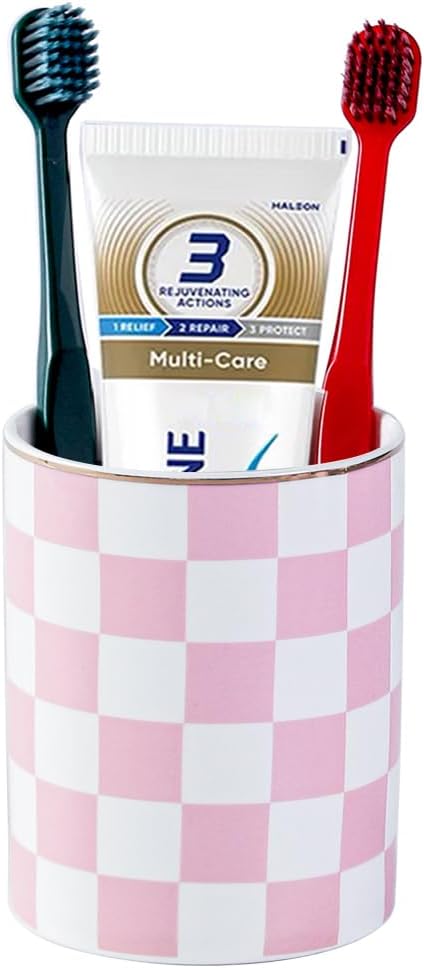 Ceramic Toothbrush Holder Toothpaste Holders, Cute Bathroom Tumbler Cups Reusable,Checkered Bathroom Counter Decor Organizer, Makeup Brush Holder,Pen Holder (Pink)