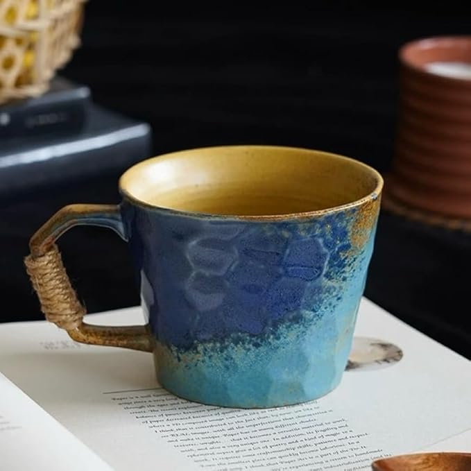 10oz Retro Vintage Japanese Style Handmade Ceramic Tea Cup with Handle, Lead-Free Reactive Glaze Artisanal Coffee Mug, Comfortable handle Handmade Pottery Tea Mug for office and home,Blue