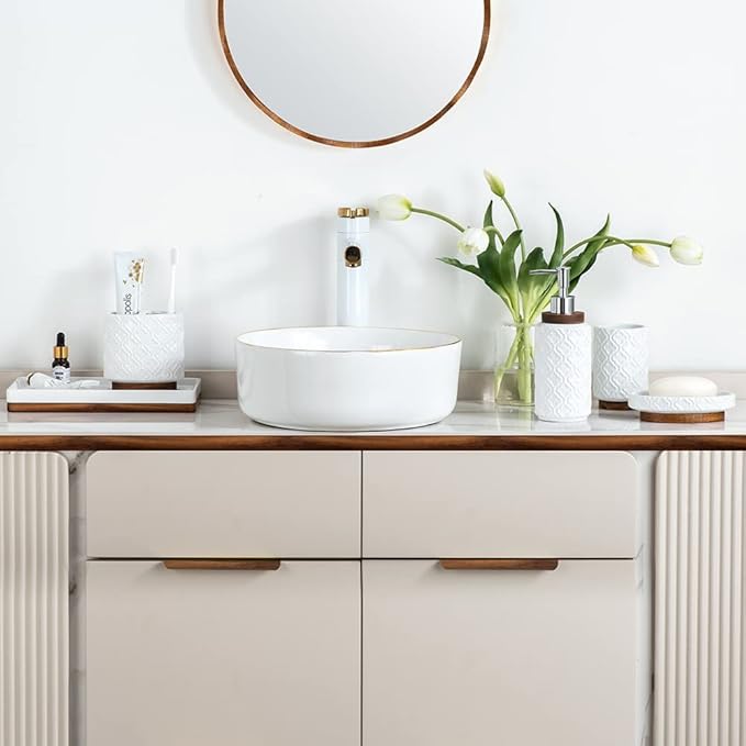 Elegant 6 PCS Ceramic&Wood Bathroom Accessories Set:Soap Dispenser,Toothbrush Holder,Tumbler,Soap Dish,Tray,Trash Can,Easy to Clean,Quatrefoil Pattern,White-Affordable Home Luxury