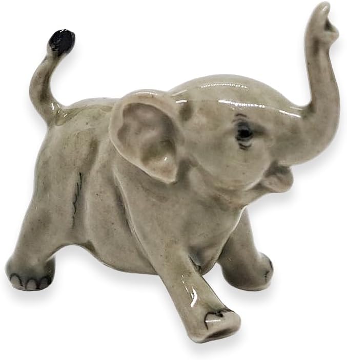 ChangThai Design Tiny 1¾" Light Gray Baby Elephant Walk Lift Trunk Figurine - Miniature Hand Made Painted Ceramic Asian Elephants Cute Wild Animals Porcelain Decorative Collectible Figures Décor Gifts
