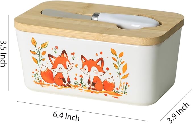 WAIT FLY Fox Ceramic Butter Dish with Bamboo Lid and Knife, 2 Sticks Butter Dish Butter Container Keeper for Kitchen Countertop, Home Decorative-Fox