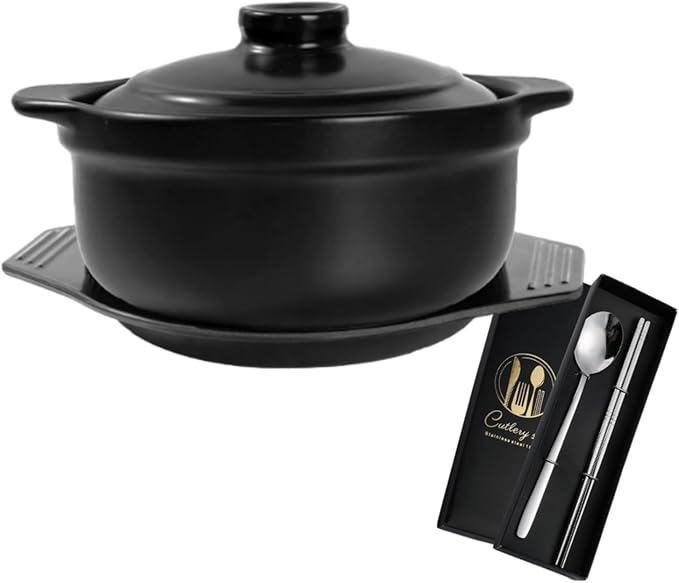 Korean Stone Pot with Lid & Platter Ceramic Sizzling Hot Pot for Bibimbap, Kimchi, Hot Pot, Soups and Stews, 40 oz Korean Pots for Cooking with Spoon and Chopsticks