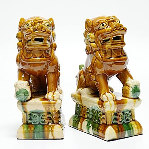 Handcrafted Ceramic Feng Shui Foo Dog Statues Pair Asian Guardian Lions for Office, Home, Housewarming, and Store Opening Gifts Traditional Chinese Decor,Beige,4.72 * 7.87in