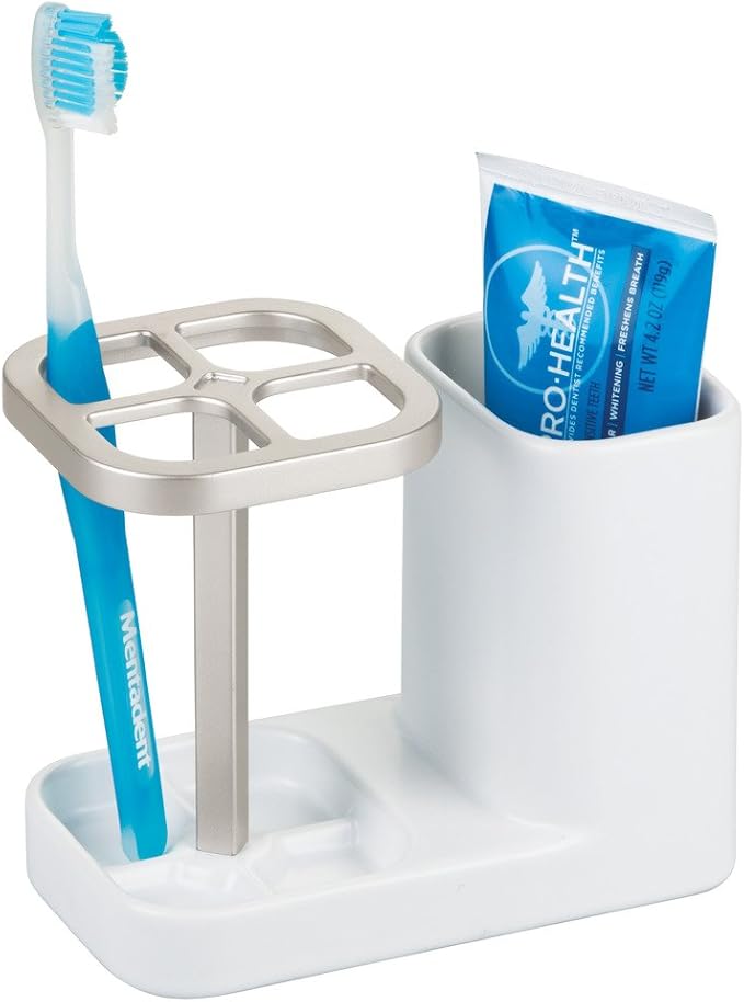 iDesign Sedona Ceramic Toothbrush and Toothpaste Holder for Bathroom Vanity Countertop or Medicine Cabinet -5.75" x 3.10" x 4.49", Satin White/Nickel