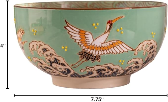 Urban Tokyo Japanese Kamameshi Style Ceramic Glazed Japanese Ramen Udon Pho Noodle Bowl With Spoon, Bamboo Lid, Chopsticks and Trivet 5 Piece Set (Japanese Crane), BCH625
