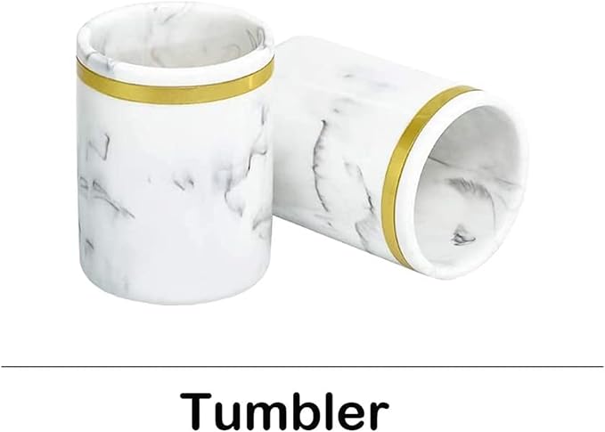 5-Piece Bathroom Counter Top Accessory Set - Dispenser for Liquid Soap or Lotion, Soap Dish, 2 Tumblers and Toothbrush Holder, Marble Pattern Resin (Classic White)