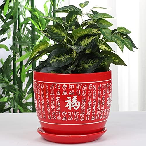 Red Ceramic Flower Pot with Saucer Chinese Style Planter Traditional Asian Decorative Pot Indoor Cylindrical Plant Pots for Indoor Outdoor Plants, Home Office Decor
