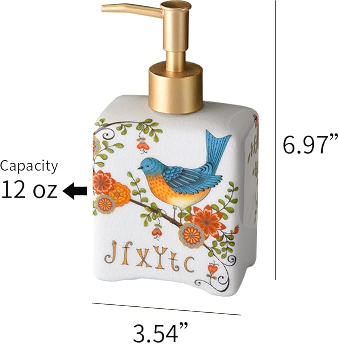WAYUTO 12 Oz Vintage Ceramic Liquid Soap Dispenser Lotion Pump Bottle for Kitchen Countertop Bathroom Decorative Antique Floral Porcelain Hand Soap Dispenser White Magpie