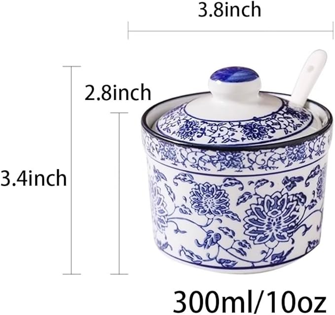 123Arts Ceramic Blue and White Sugar Bowl Spice Jar with Lid Spoon Seasoning Pot