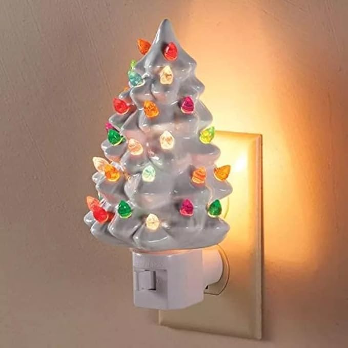 Christmas Night Light - White Tree Christmas Nightlight Plug Into Wall, 6" Ceramic, Holiday Decorations, Winter Home Décor for Kids/Adults
