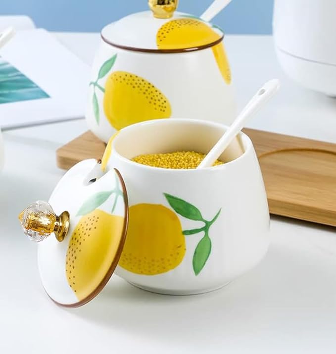 Ceramic Sugar Bowl Lemon Spice Jar Storage Jar with Lid Spoon, 10oz