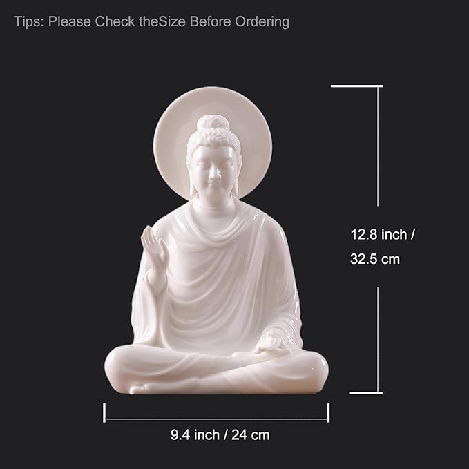 Houlu 12.8 Inch White Buddha Statue for Home Decor, Meditating Buddha Statue with Halo, Ceramic Buddha Statues Indoor/Outdoor for Meditation and Spiritual Décor
